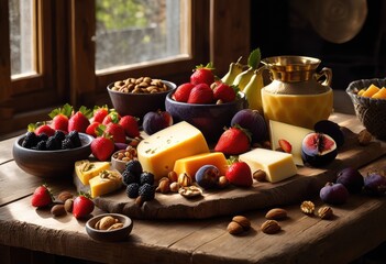 Wall Mural - vibrant cheese board featuring colorful seasonal crunchy artful arrangements any gathering, artisan, fruit, platter, nut, assortment, colors, savory