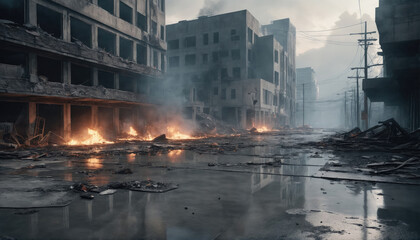 desolate urban landscape shows destruction with fires burning and debris scattered after a catastrop