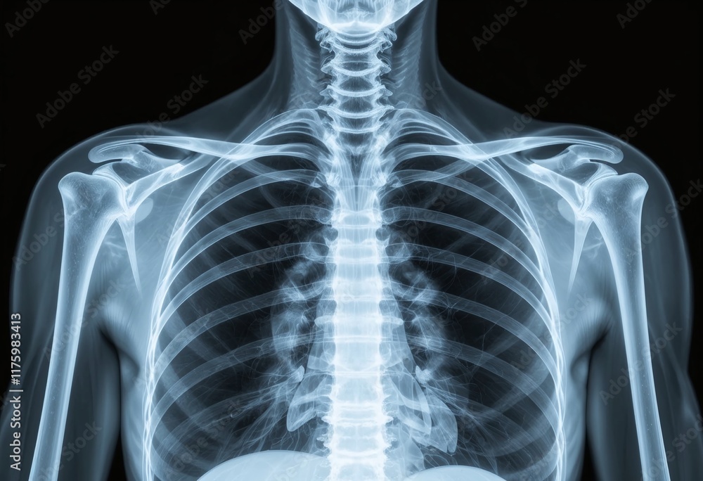 X-ray image of human upper torso showcasing rib cage clavicles and ...