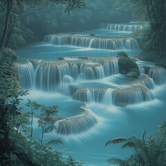 Wall Mural - Serene Multi-Tiered Waterfall in Lush Tropical Forest Captured at Sunrise with Cascading Water and Vivid Greenery for Nature Lovers and Landscape Photography Enthusiasts