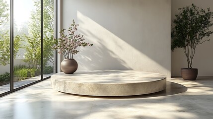 Wall Mural - Minimalist Scene Featuring Stone Platform Plants and Sunlight