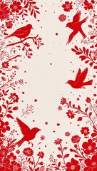 Wall Mural - Red line art silhouettes of birds and flowers scattered across the canvas in a harmonious design in red illustration background