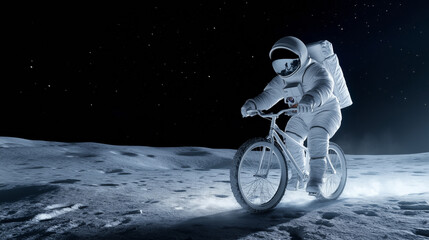 Wall Mural - astronaut riding a bicycle on the moon's surface at night