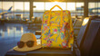 © Andrea - Travel image at airport with yellow floral print luggage backpack bag, hat, sunglasses. Vacation explore wandering adventure weekend trip lifestyle or spring break sunny getaway.