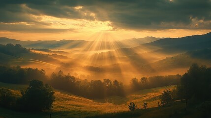 Wall Mural - golden sunlight streaming through clouds, casting a heavenly glow over tranquil landscape. evokes pe