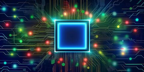 Poster - Cpu is processing data on motherboard with colorful lights and circuit paths