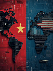 Leinwandbilder - Vietnam and usa flags over world map with electronic circuit design, representing technological competition