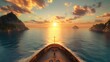 © Ziyan - As warm, golden sun rose over tranquil, azure waters, passenger vessel embarked on its summertime vacation journey, offering a wide-angle view of breathtaking coastal landscape