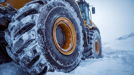 Tractor in snowy landscape with large tires.