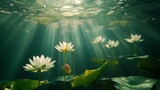 underwater shot of floating lotus flowers and lily pads
