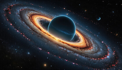 stunning view of a massive planet surrounded by a glowing ring of cosmic dust and distant celestial 