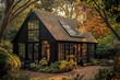 © gamespirit - Stunning black greenhouse surrounded by lush greenery in a serene garden during golden hour, showcasing vibrant flowers and natural beauty