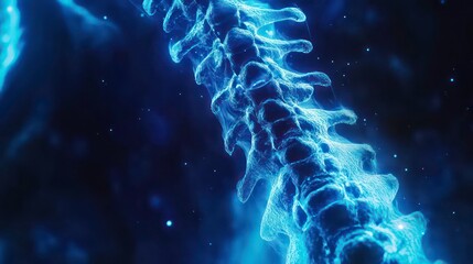 Wall Mural - close-up of a human spine, showcasing vertebrae and spinal column with a glowing blue effect, repres