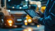 © artsGentor - Cargo Route Concept. A person using a tablet in front of trucks at night, showcasing technology in logistics.