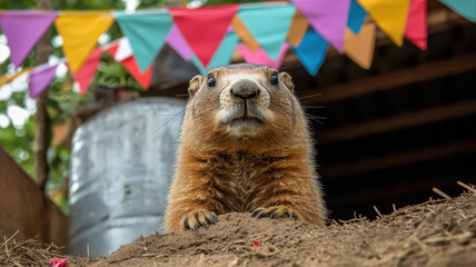 Groundhog Themed, Groundhog peeking out of its burrow with colorful bunting flags nearby