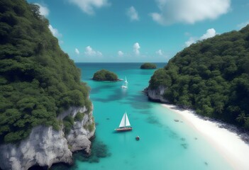 Wall Mural - covered tropical drone Aerial video limestone bay paradise exotic island emer trees