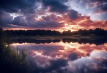 Wall Mural - clouds. peaceful calm reflection calm Colorful lake sunset floating plot.