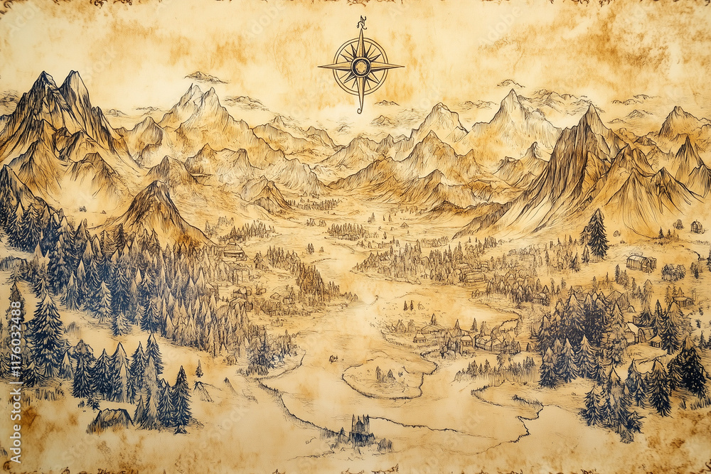 RPG map of a medieval kingdom, featuring mountains, forests, rivers ...