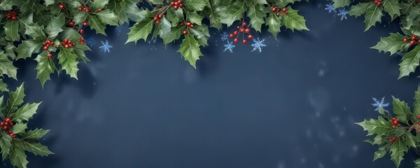 Blue background with snowflakes and holly leaves,  background, blue