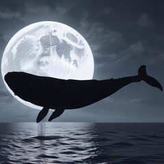 Large whale silhouette against a full moon background, whale,  ocean