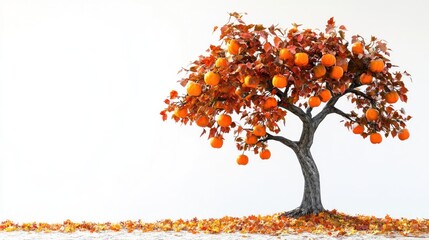 small orange fruit tree with autumn leaves against white background.
