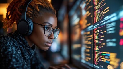 Focused female programmer coding late at night.