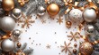 ©  Jagat_Aji - Christmas ornaments, gold and silver, festive, white background, holiday decor, festive decorations,  for use in greeting cards, posters, or invitations