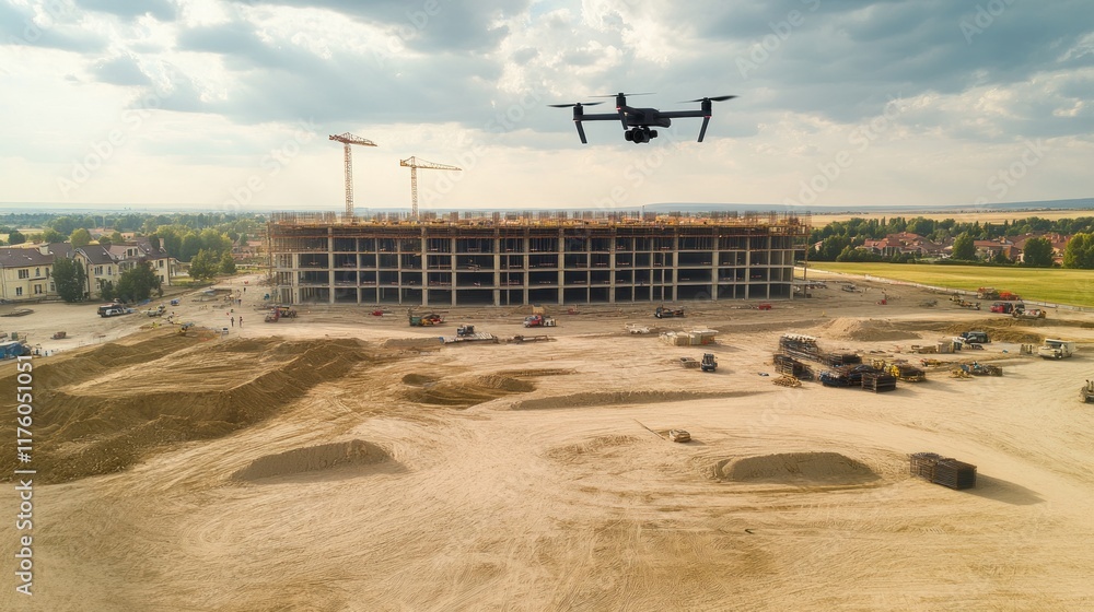Construction site drone mapping the terrain from above, scanning with ...