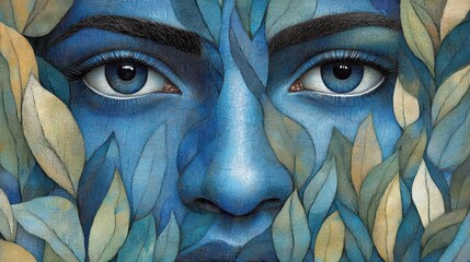 Canvas Print - Artistic Representation of a Face with Blue and Earth-toned Leaf Elements Creating a Surreal and Vibrant Visual Experience Evoking Nature and Humanity