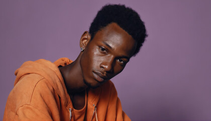 Portrait of a young man wearing an orange hoodie against a purple background showcasing calm expression and relaxed demeanor