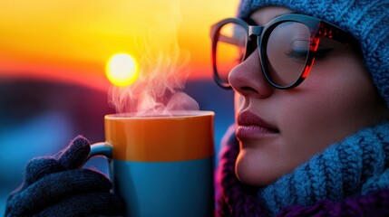 Canvas Print - A serene portrait of a woman wrapped in a knitted scarf, savoring her coffee while a vibrant sunset paints the backdrop with pink and orange, evoking comfort and warmth.