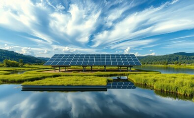sustainable energy: cutting-edge floating solar panels amidst serene lake and lush nature surroundin