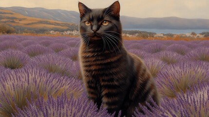 Wall Mural - Majestic Tabby Cat in Blooming Lavender Field with Scenic Mountain View - Stunning Nature Photography Perfect for Relaxation and Serenity Lovers