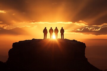Wall Mural - silhouetted figures stand on a cliff at sunset, capturing a moment of reflection.