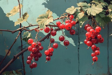 Wall Mural - Vibrant red currants hanging on leafy branches against a textured teal wall, showcasing a vivid contrast of natural colors and artistic elegance