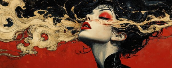 Wall Mural - Artistic depiction of a woman with vivid makeup and flowing hair on a red background, featuring swirling patterns that suggest movement and emotion