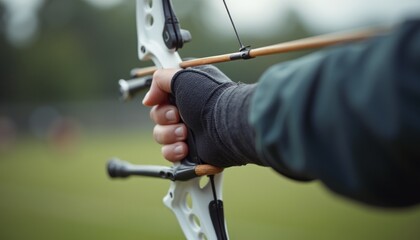 Wall Mural - A close-up of a hand gripping a modern bow, poised for an archery shot against a blurred green background. The image captures the intensity and precision of the sport, highlighting the determination