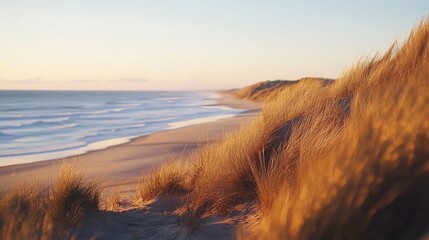 Wall Mural - Golden Hour Beachscape: Coastal Dunes and Ocean Waves at Sunset