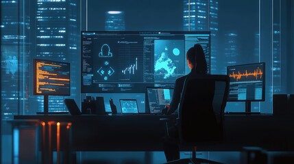 Woman programmer coding at night in a modern office with city view.