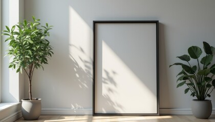 Poster - A sleek, empty black frame stands against a soft, light-colored wall, surrounded by vibrant potted plants. The interplay of natural light and shadows creates a serene atmosphere, inviting creativity