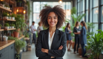 Wall Mural - A poised woman with curly hair stands confidently in a stylish business suit, surrounded by lush greenery. Her warm smile radiates positivity, embodying professionalism and approachability in a modern