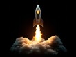 © azlen - Creative light bulb rocket with blast and clouds takes off on a dark background, Successful launch start up, creative idea concept - ai