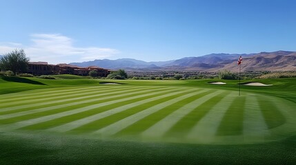 Poster - perfectly mowed putting green with an untouched hole flag, distant sand traps, and blurred hills