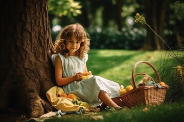 Wall Mural - Cute little girl sitting under a tree with basket of easter eggs