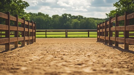 Poster - sandy riding ring with wooden barriers, an empty jump setup in the middle