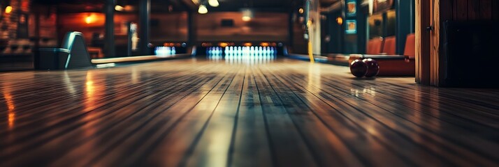 Poster - Blurred Bowling Alley with No One in Sight: A smooth wooden floor and dimly lit lanes