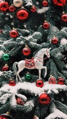 Wall Mural - On the tree there is a beautiful Christmas decoration in the form of a fairy-tale toy horse