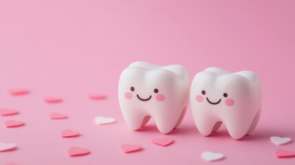 Cute cartoon teeth characters on a pink background surrounded by heart shapes celebrating dental health in a fun way