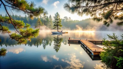 Wall Mural - Serene lake view through pine trees with foggy morning atmosphere and wooden docks and boats gently swaying in the mist , wooden docks, boats