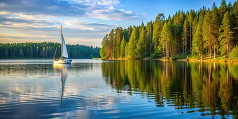 Wall Mural - serene Finland lake landscape with tall pine trees and a sailboat on the calm water, freshwater lakes summer, summer in finland